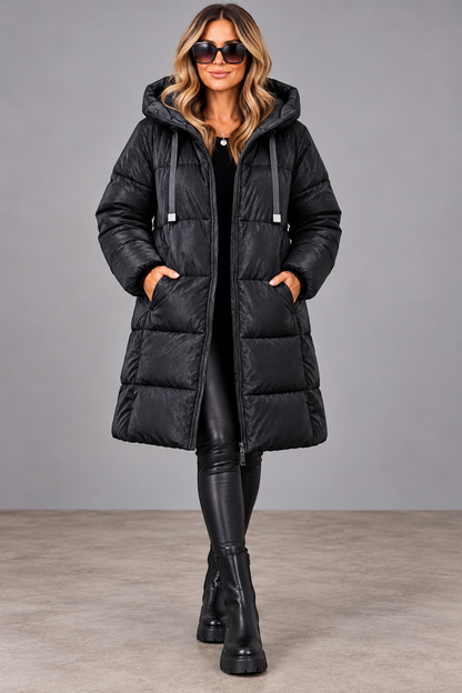Damen Winterparka mit Kapuze – Schimmernde Steppjacke | Schwarz & Taupe