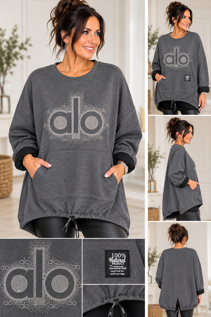 Pullover mit Glitzer-ALO-Motiv & Kängurutasche – Made in Italy