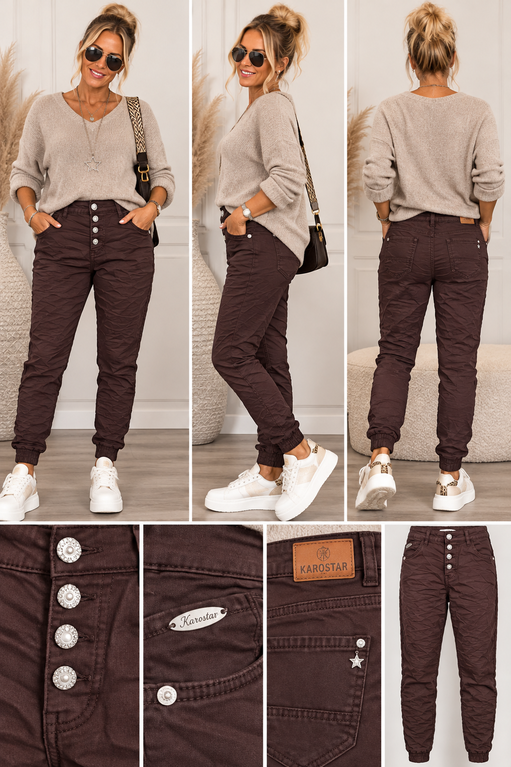 Karostar Damenjeans mit Schmuckknöpfen – Crash-Look | Schwarz & Dunkelbraun