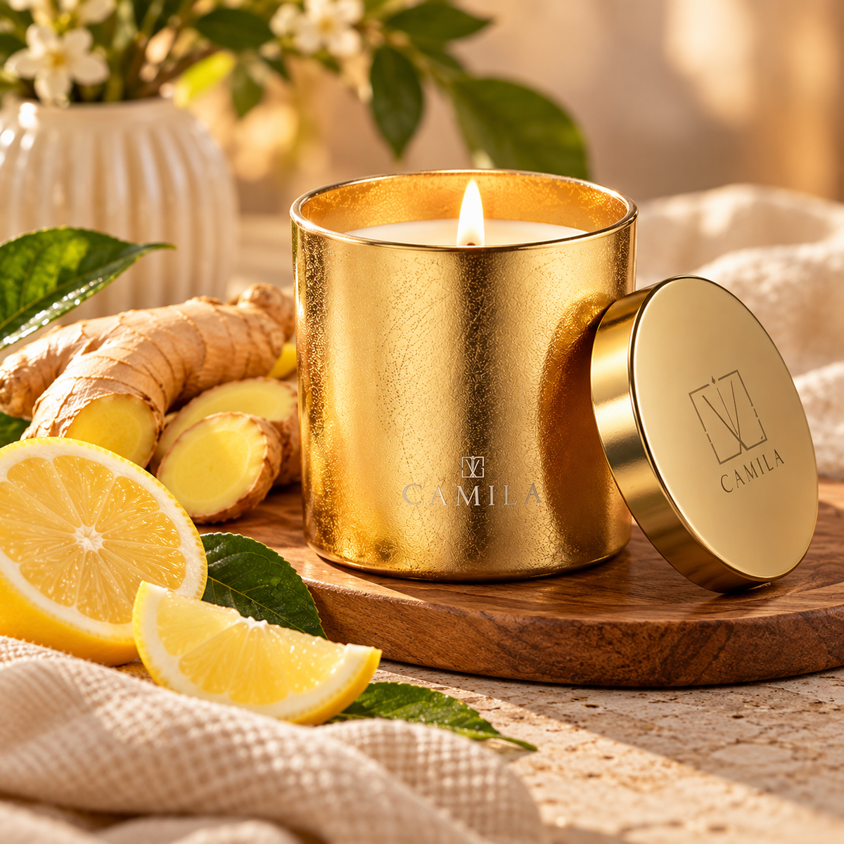 CAMILA Duftkerze Zitrone & Ingwer – 140 g | Frischer Zitronen- & Ingwerduft
