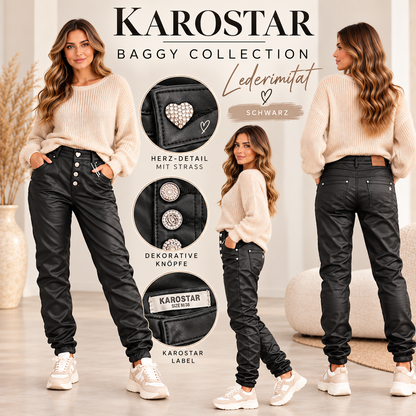 🖤 KAROSTAR  Lederimitat-Hose – Schwarz mit Schmuckknöpfen