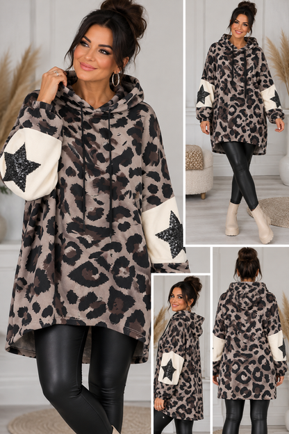 Leo Longpullover mit Kapuze & Pailletten-Sternen – Oversize