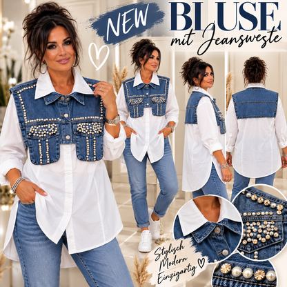 Oversize Bluse mit Jeansweste & Perlen-Strass – Weiß/Denim