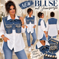Oversize Bluse mit Jeansweste & Perlen-Strass – Weiß/Denim