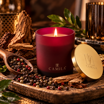 CAMILA Duftkerze Pfeffer & Hölzer – 140 g | Edle Duftkerze mit Golddeckel