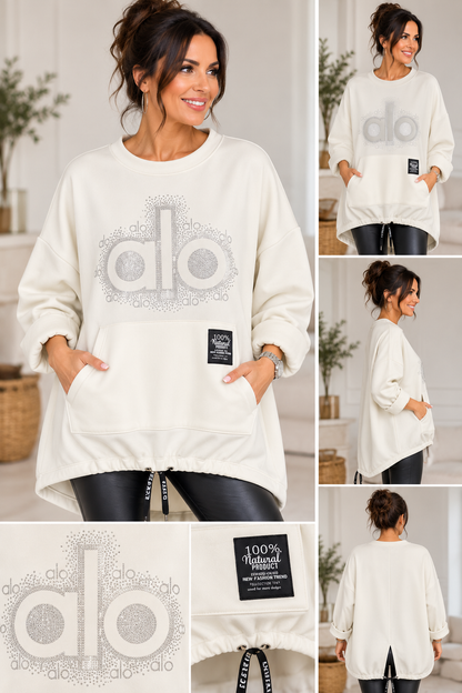 Pullover mit Glitzer-ALO-Motiv & Kängurutasche – Made in Italy