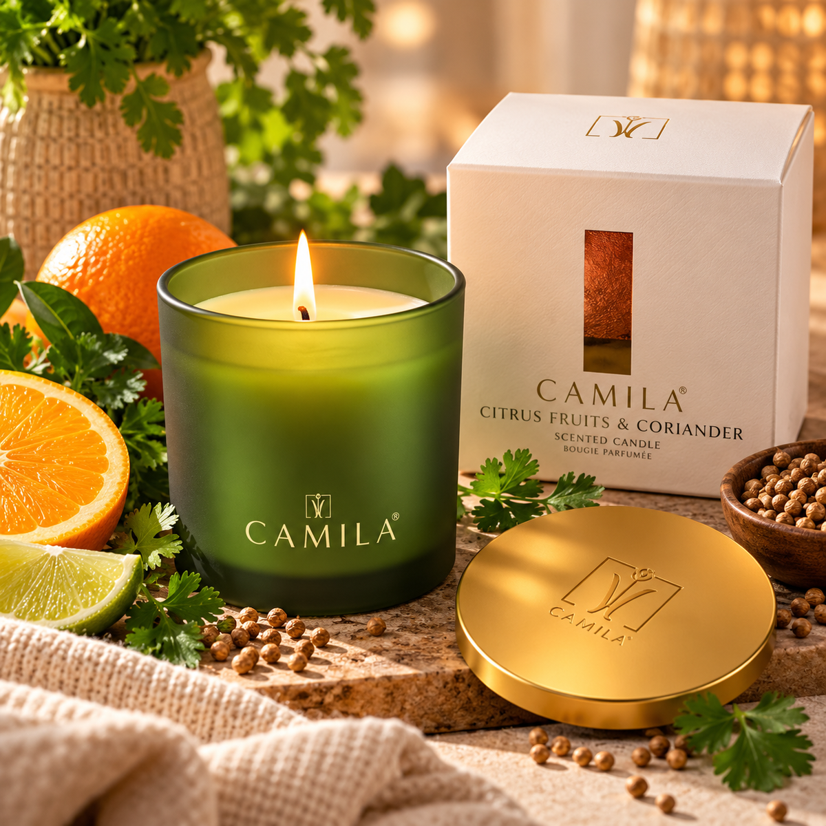 🍊 CAMILA Duftkerze – Zitrusfrüchte & Koriander 💚