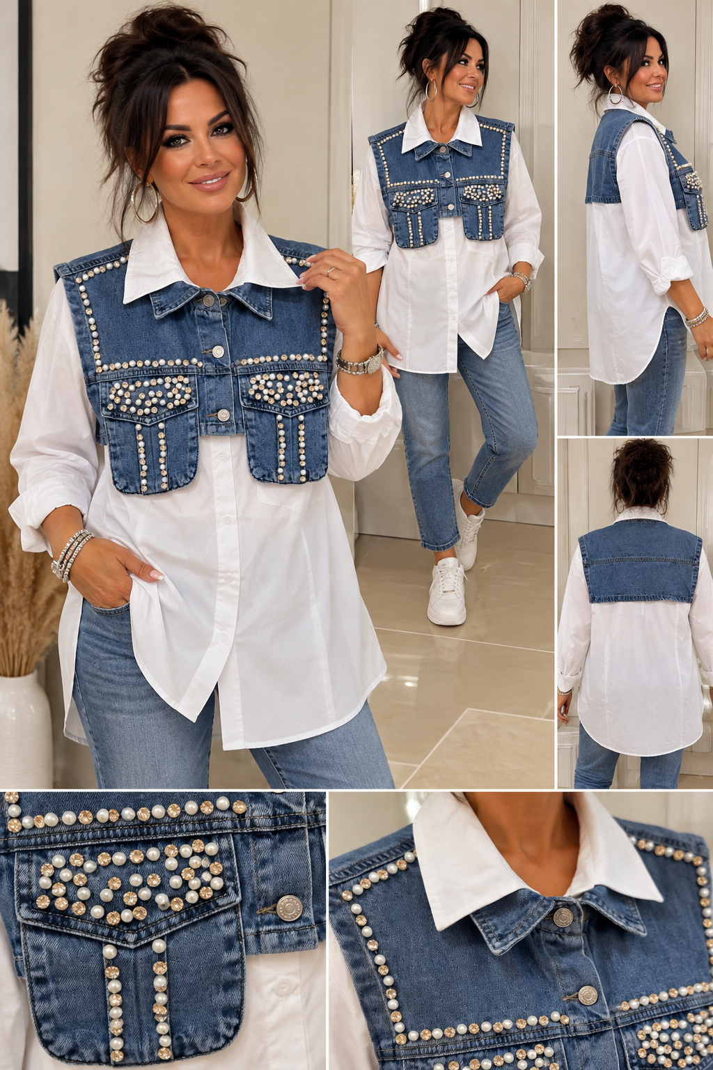 Oversize Bluse mit Jeansweste & Perlen-Strass – Weiß/Denim