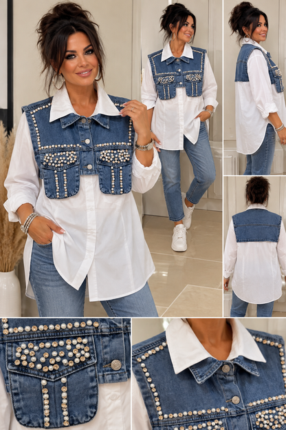 Oversize Bluse mit Jeansweste & Perlen-Strass – Weiß/Denim