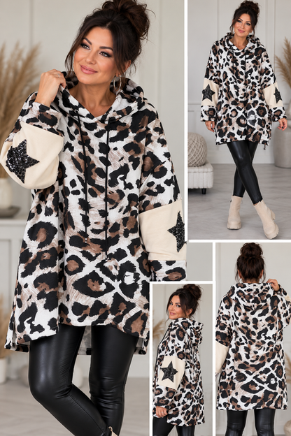 Leo Longpullover mit Kapuze & Pailletten-Sternen – Oversize