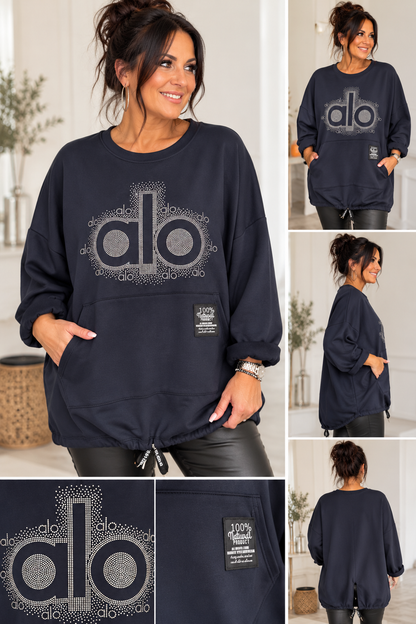 Pullover mit Glitzer-ALO-Motiv & Kängurutasche – Made in Italy