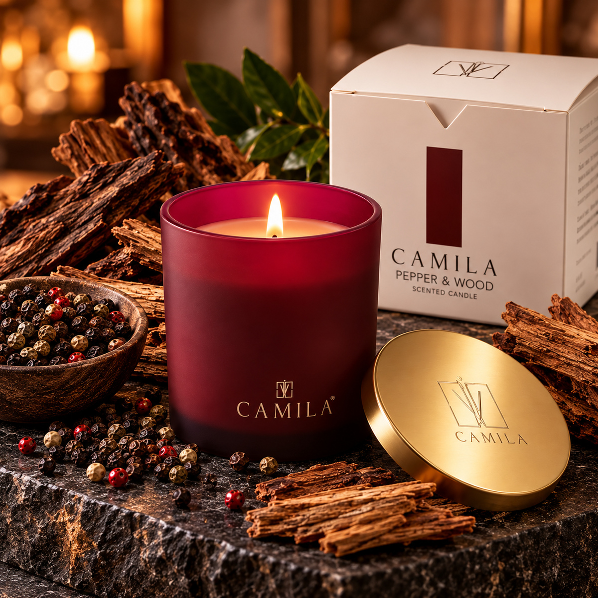 CAMILA Duftkerze Pfeffer & Hölzer – 140 g | Edle Duftkerze mit Golddeckel