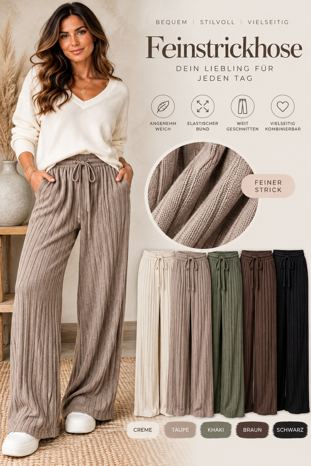Damen Feinstrickhose Wide Leg – Rippstrick mit Gummibund | 5 Farben