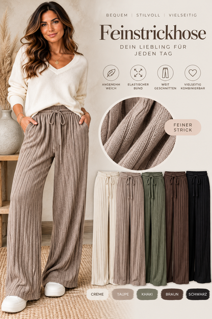 Damen Feinstrickhose Wide Leg – Rippstrick mit Gummibund | 5 Farben