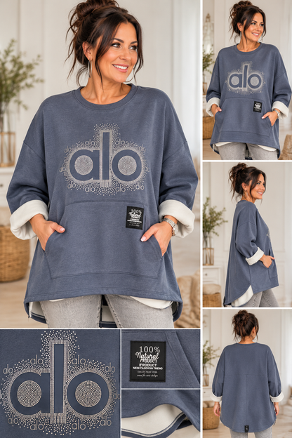 Pullover mit Glitzer-ALO-Motiv & Kängurutasche – Made in Italy