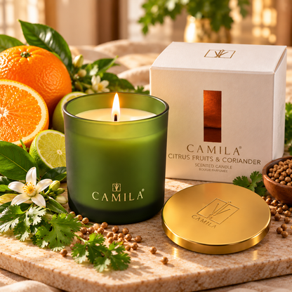 🍊 CAMILA Duftkerze – Zitrusfrüchte & Koriander 💚