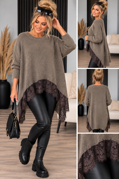 Eleganter Vokuhila Strickpullover mit Spitze – ein echter Hingucker! ✨