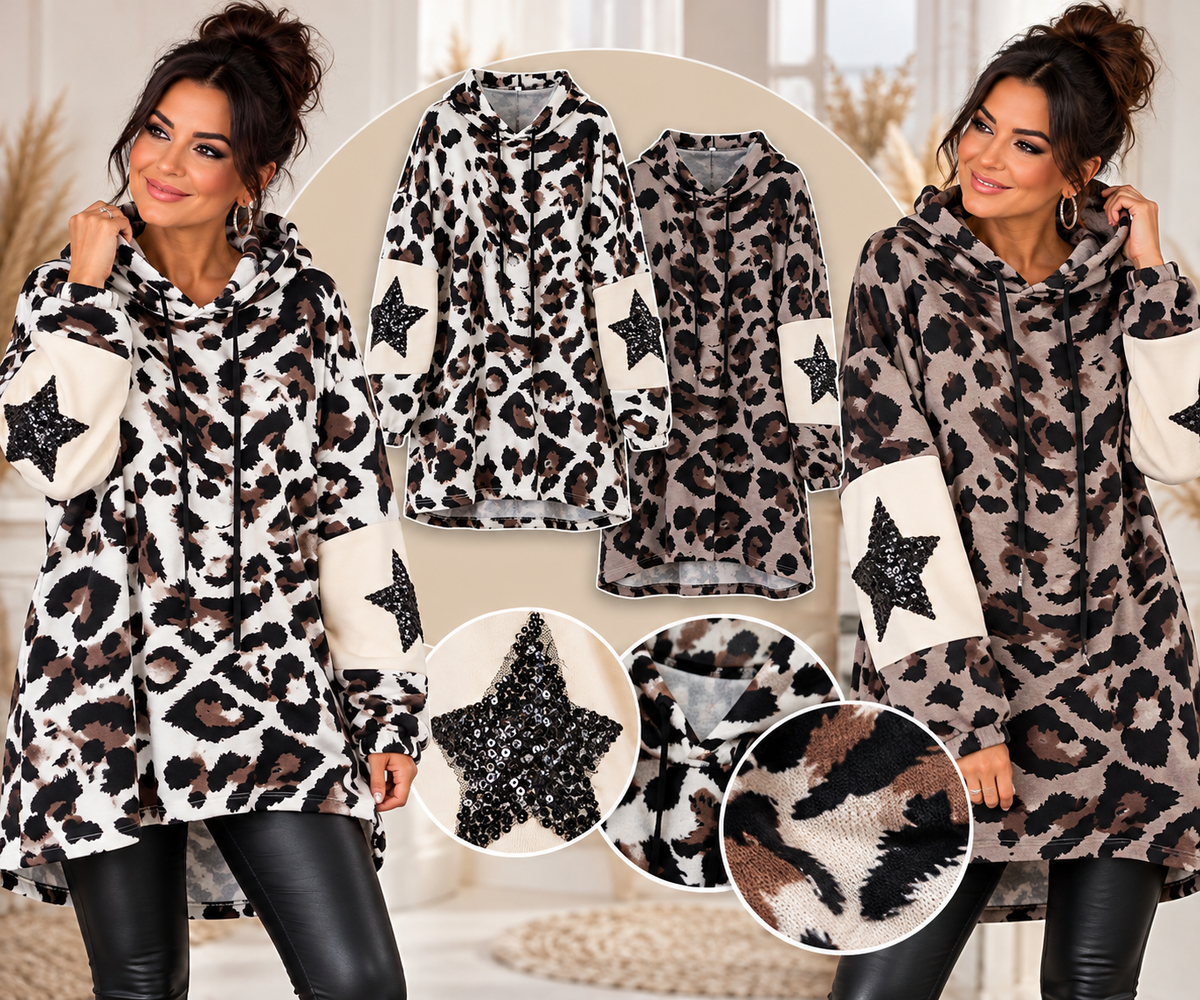 Leo Longpullover mit Kapuze & Pailletten-Sternen – Oversize