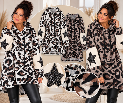 Leo Longpullover mit Kapuze & Pailletten-Sternen – Oversize