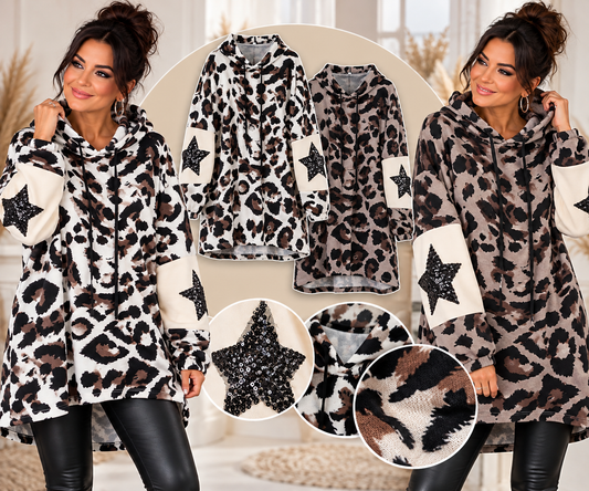 Leo Longpullover mit Kapuze & Pailletten-Sternen – Oversize