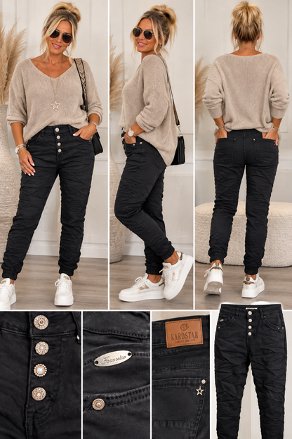 Karostar Damenjeans mit Schmuckknöpfen – Crash-Look | Schwarz & Dunkelbraun