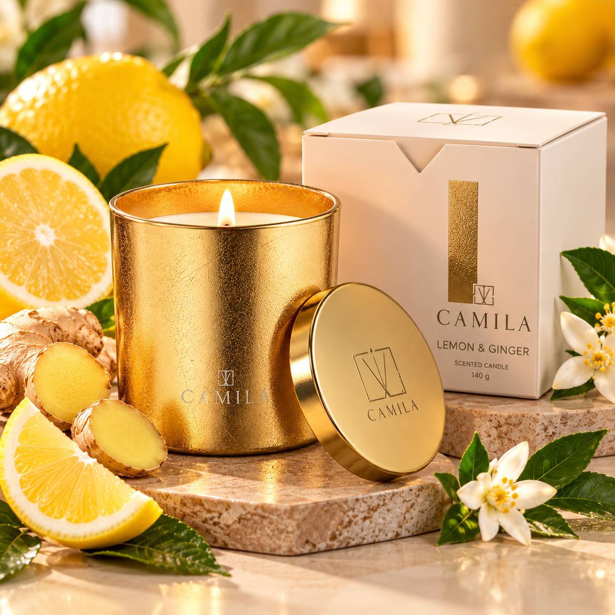 CAMILA Duftkerze Zitrone & Ingwer – 140 g | Frischer Zitronen- & Ingwerduft