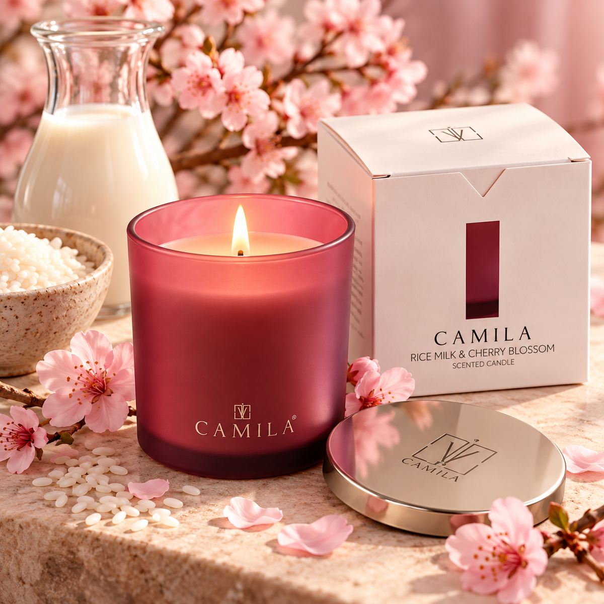 CAMILA Duftkerze Reismilch & Kirschblüten – 140 g | ca. 28 Stunden Brenndauer