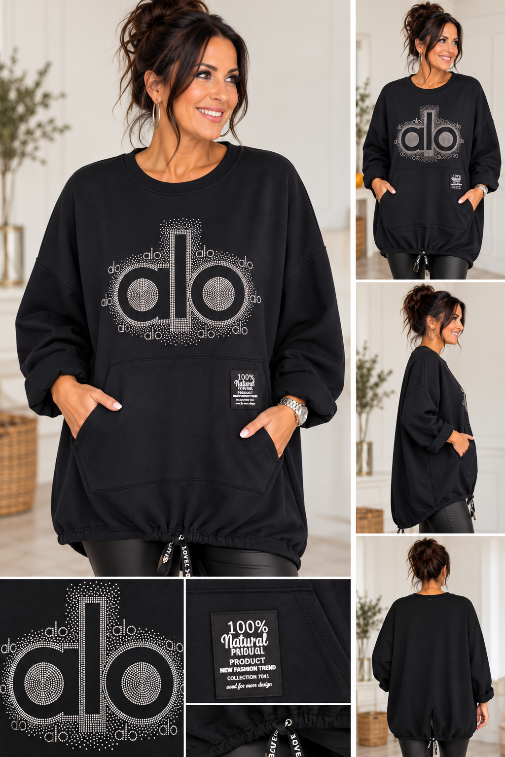 Pullover mit Glitzer-ALO-Motiv & Kängurutasche – Made in Italy