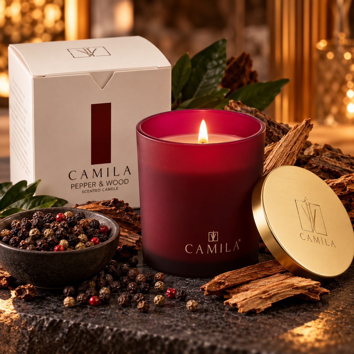 CAMILA Duftkerze Pfeffer & Hölzer – 140 g | Edle Duftkerze mit Golddeckel