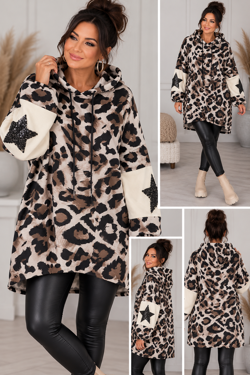 Leo Longpullover mit Kapuze & Pailletten-Sternen – Oversize