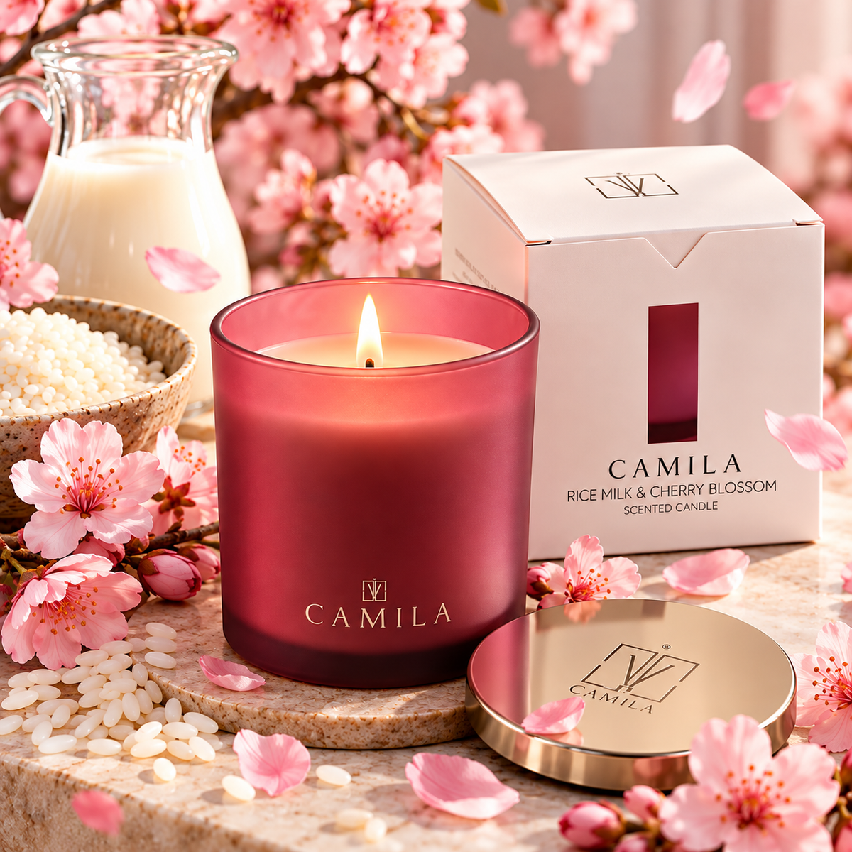 CAMILA Duftkerze Reismilch & Kirschblüten – 140 g | ca. 28 Stunden Brenndauer