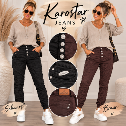 Karostar Damenjeans mit Schmuckknöpfen – Crash-Look | Schwarz & Dunkelbraun