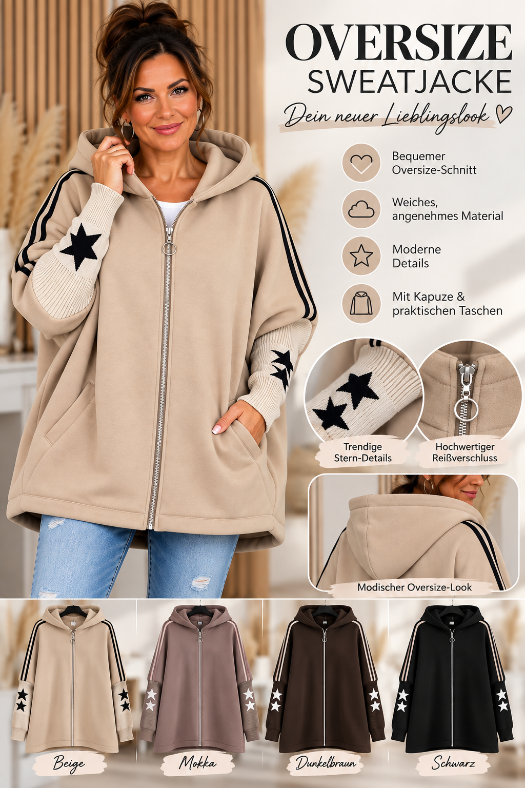 Oversize Sweatjacke mit Stern-Details