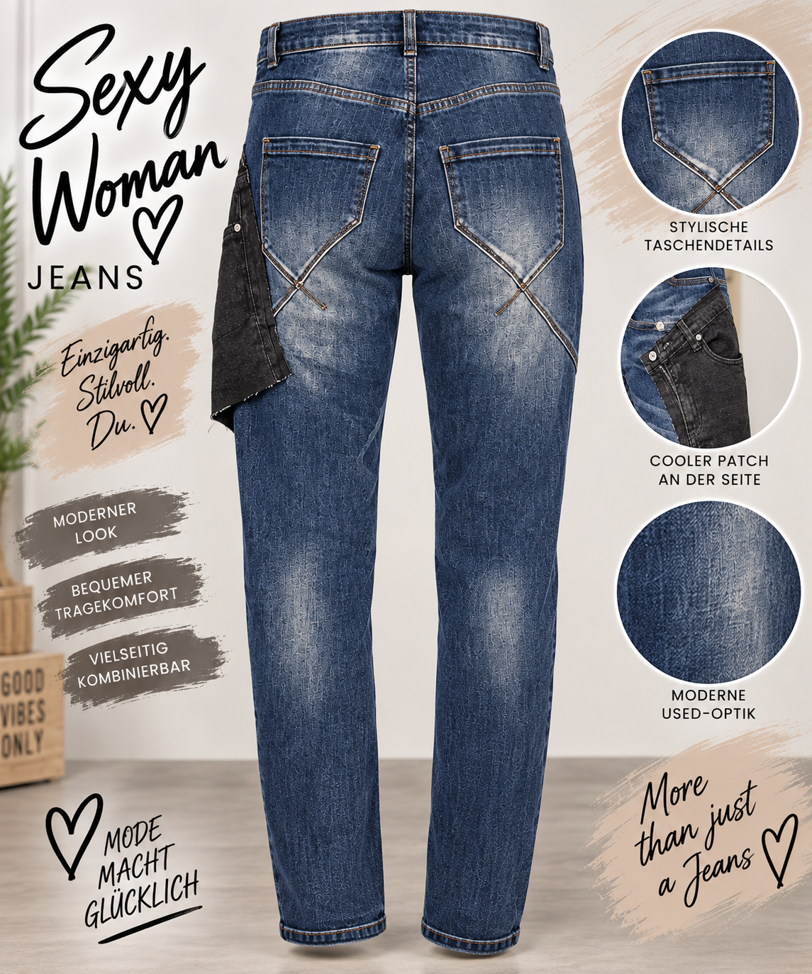 Sexy Woman Jeans „Patchwork Rebel“ – Blue Denim
