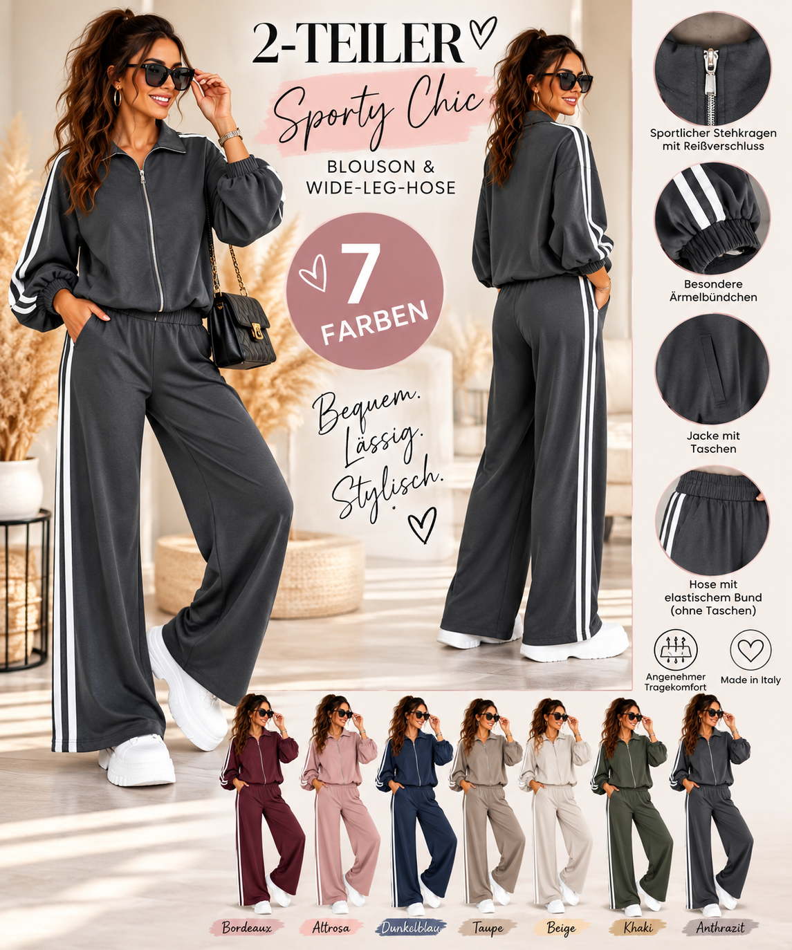 Damen 2-Teiler mit Streifen – Blousonjacke & Wide-Leg-Hose | Sporty Chic