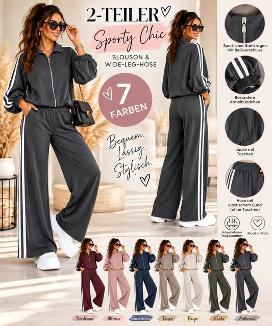 Damen 2-Teiler mit Streifen – Blousonjacke & Wide-Leg-Hose | Sporty Chic