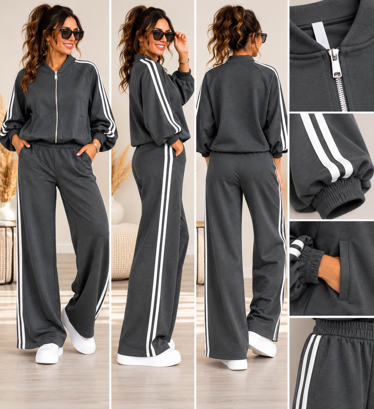 Damen 2-Teiler mit Streifen – Blousonjacke & Wide-Leg-Hose | Sporty Chic