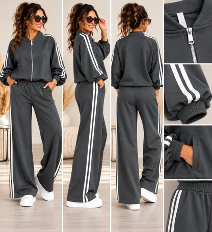 Damen 2-Teiler mit Streifen – Blousonjacke & Wide-Leg-Hose | Sporty Chic