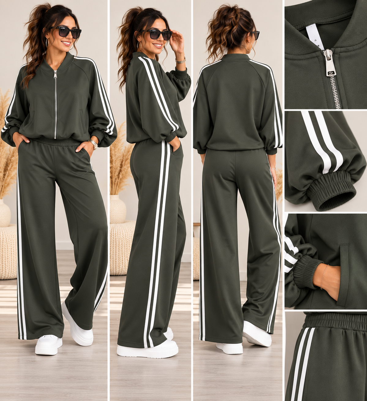 Damen 2-Teiler mit Streifen – Blousonjacke & Wide-Leg-Hose | Sporty Chic
