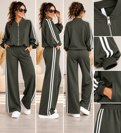 Damen 2-Teiler mit Streifen – Blousonjacke & Wide-Leg-Hose | Sporty Chic