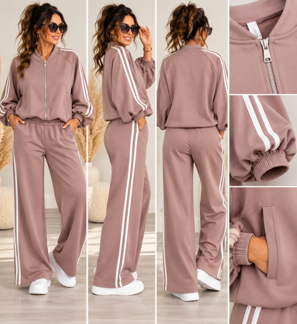 Damen 2-Teiler mit Streifen – Blousonjacke & Wide-Leg-Hose | Sporty Chic