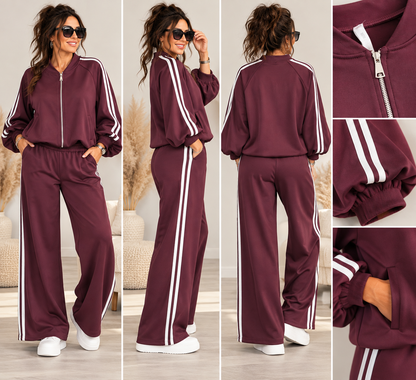 Damen 2-Teiler mit Streifen – Blousonjacke & Wide-Leg-Hose | Sporty Chic