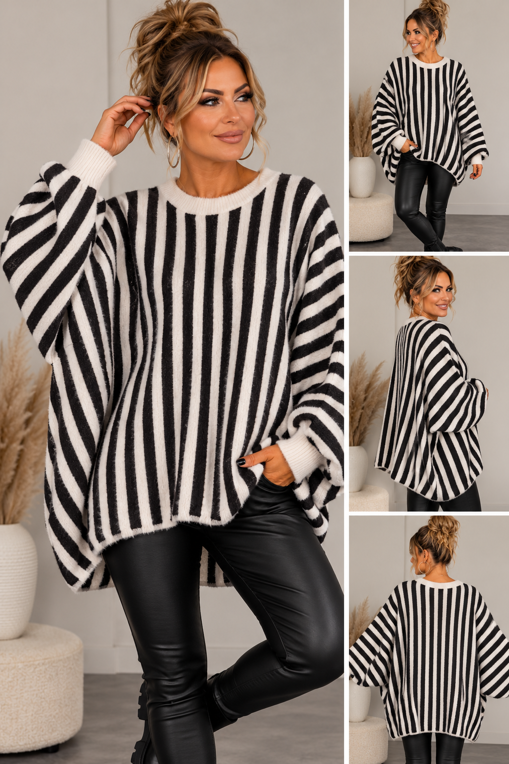 Kuscheliger Oversize Strickpullover mit Streifen – Fledermausärmel