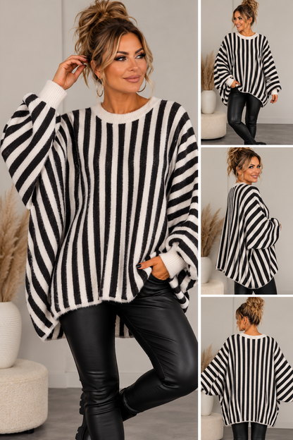 Kuscheliger Oversize Strickpullover mit Streifen – Fledermausärmel