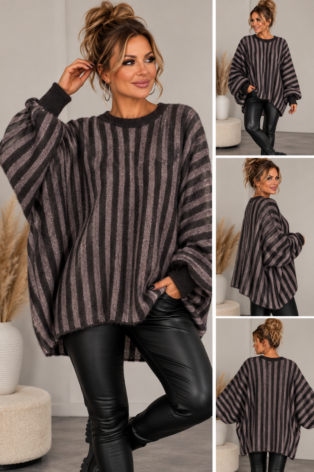 Kuscheliger Oversize Strickpullover mit Streifen – Fledermausärmel