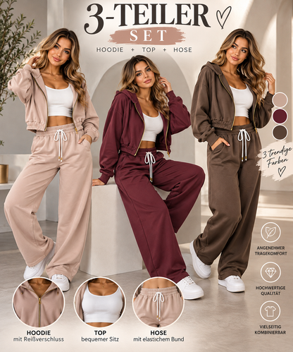 Damen 3-Teiler Set – Kapuzenjacke, Crop-Top & Wide-Leg-Hose