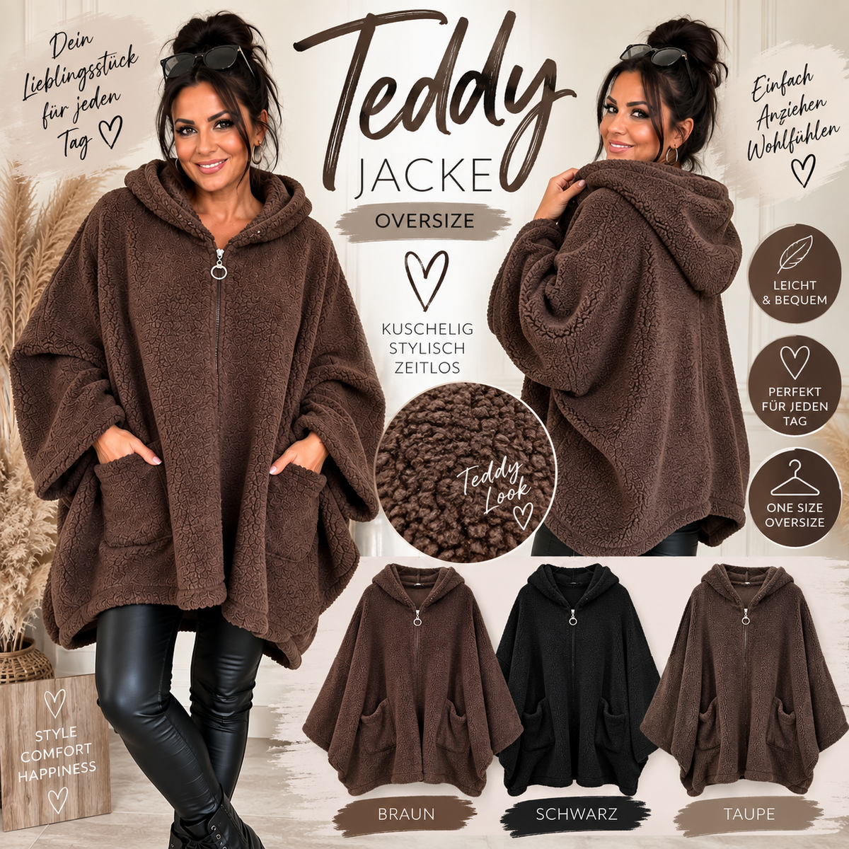 Oversize Teddy-Jacke „Cozy Italy“ mit Kapuze