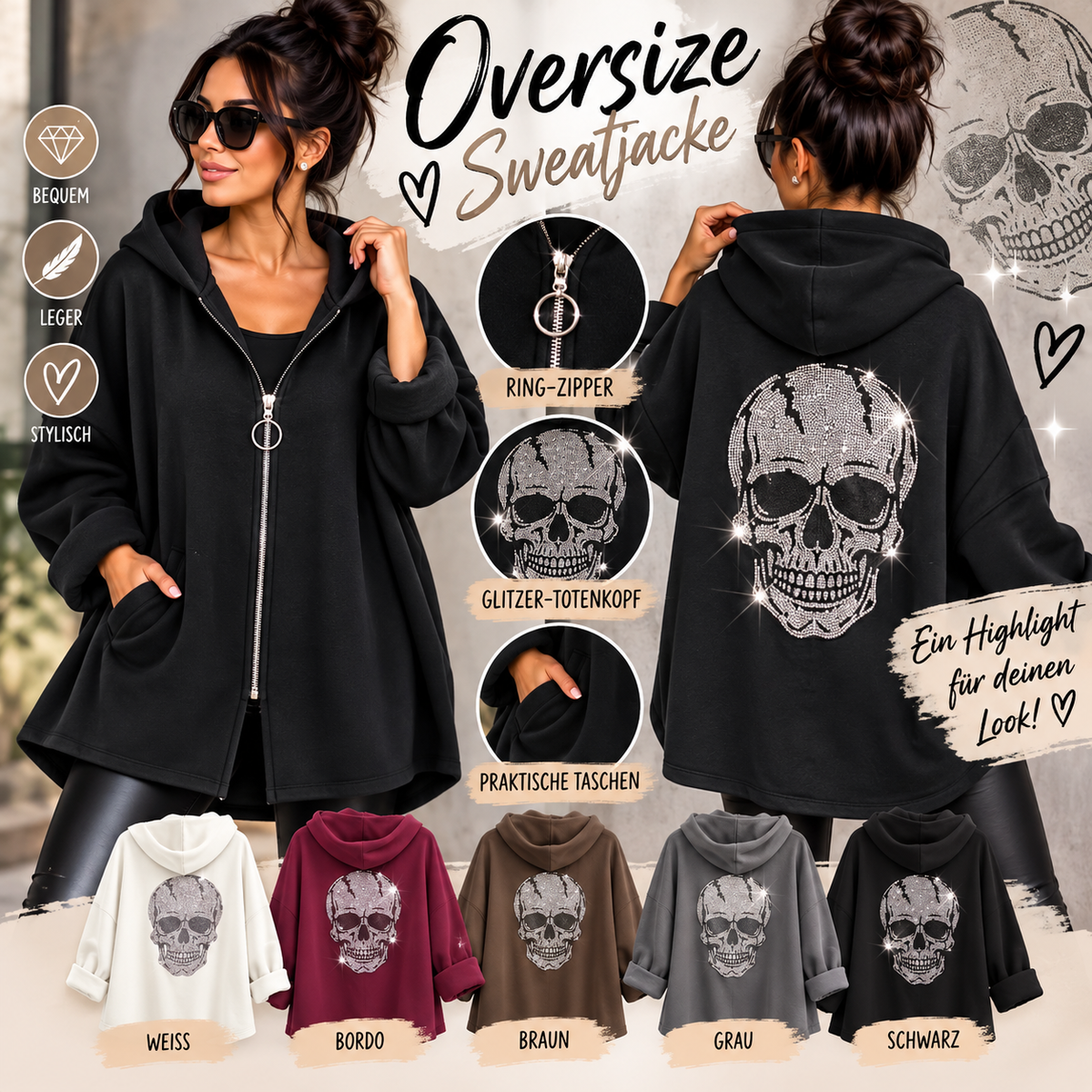 Oversize Sweatjacke „Skull Glam“ mit Kapuze & Glitzer-Totenkopf