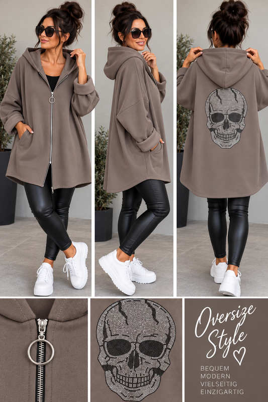 Oversize Sweatjacke „Skull Glam“ mit Kapuze & Glitzer-Totenkopf