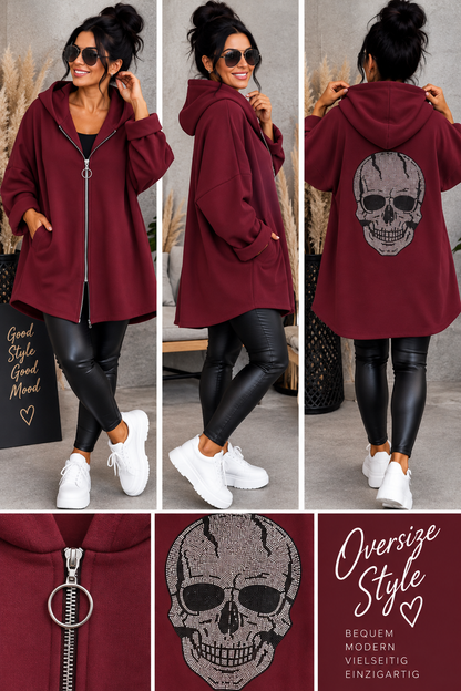 Oversize Sweatjacke „Skull Glam“ mit Kapuze & Glitzer-Totenkopf